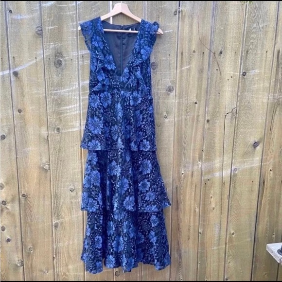 Navy Blue Molinetto Lace Ruffled Tiered Maxi Dress 🌿 - Picture 8 of 11